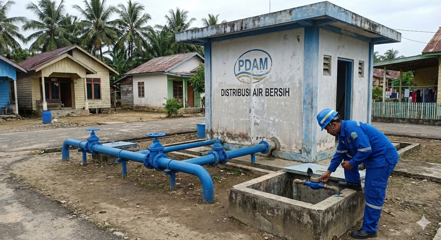 Proses instalasi sambungan pipa air besi fitting oleh kontraktor pada proyek distribusi Perusahaan Air Minum (PAM)